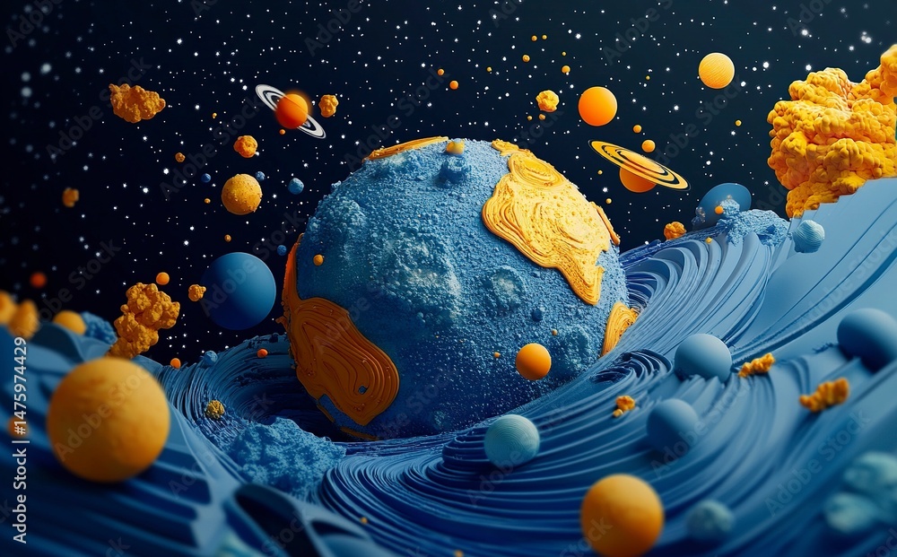 Poster 3d rendering of the earth in space with the sun and stars behind it. elements of the planet earth, a