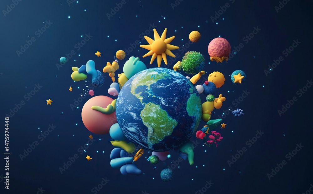 Poster 3d rendering of the earth in space with the sun and stars behind it. elements of the planet earth, a
