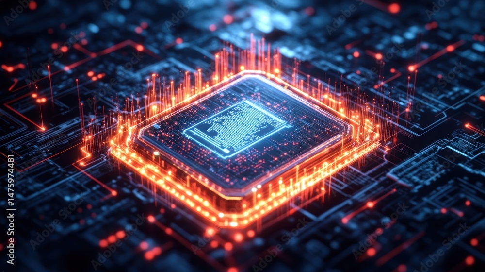 Poster futuristic central processing unit showcases digital technology and intricate circuit board connecti