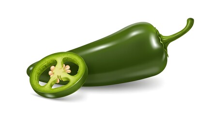 Green Peppers with Slice on White Background