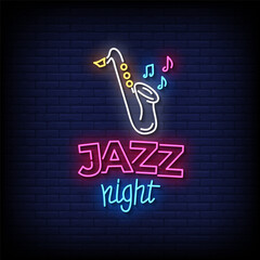 jazz night neon sign with brick wall background vector