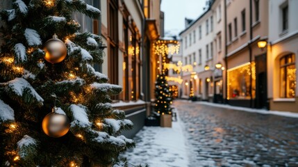 Fototapeta premium Snow covered Christmas trees stand tall in a famous tourist city, with holiday lights glowing softly along a charming street in winter, creating a cozy scene.