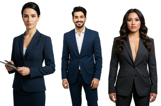 Studio portrait of a diverse group of three young adult business professionals, two women and one man in their 30s, wearing formal suits against a transparent background.