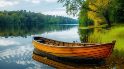 Obraz premium A beautiful wooden boat floats on a calm lake, surrounded by lush green trees.