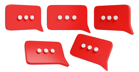Speech bubble signs set. Red dialog clouds with dots. 3D rendering.
