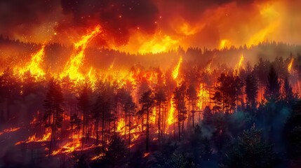 A forest is ablaze in a fiery scene of destruction, with flames reaching toward the sky.