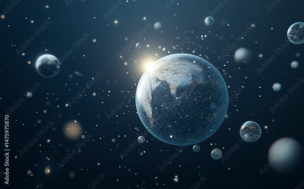 Poster 3d rendering of the earth in space with the sun and stars behind it. elements of the planet earth, a