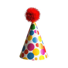 A colorful polka dot party hat with a red pom pom on top isolated against a transparent background...