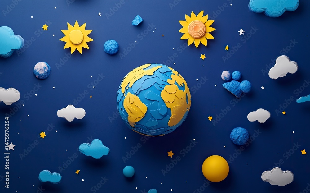 Poster 3d rendering of the earth in space with the sun and stars behind it. elements of the planet earth, a