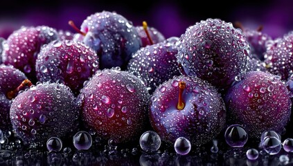 Fresh and Juicy Purple Plums with Water Droplets on a Reflective Surface Glimmering in Light, Ideal for Culinary and Health Photography Use
