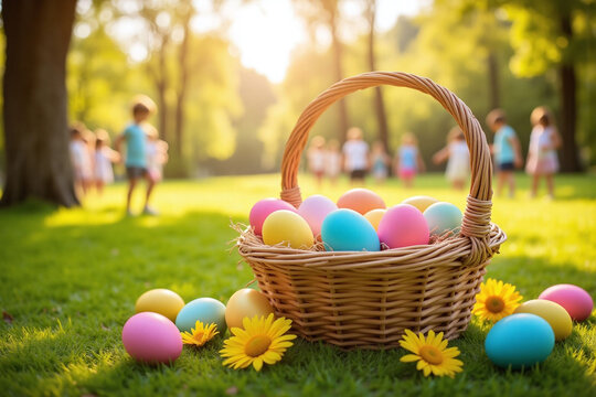 basket full of colorful easter eggs in the grass