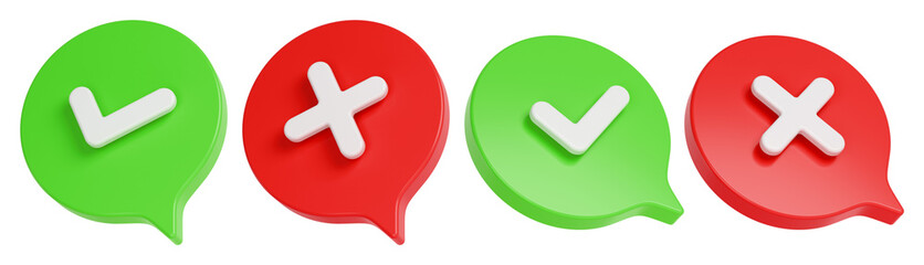 Obraz premium Approve and decline speech bubble signs set. Red and green dialog clouds. 3D rendering.