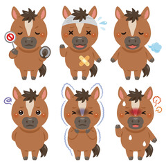 様々な状態のウマのキャラクターイラストセット