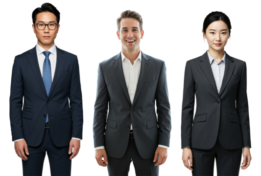 Studio portrait of a diverse group of three business professionals, including an Asian man, a Caucasian man, and an Asian woman, all wearing formal suits against a transparent background.