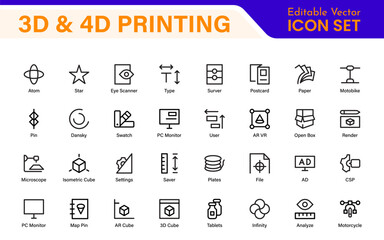 3D and 4D Printing Icons – Outline, Vector, and Line Art Illustrations for Printing Tech, Prototyping, Design, Engineering, and Innovation Projects
