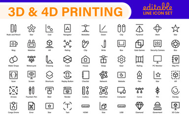 3D and 4D Printing Icons – Outline, Vector, and Line Art Illustrations for Printing Tech, Prototyping, Design, Engineering, and Innovation Projects