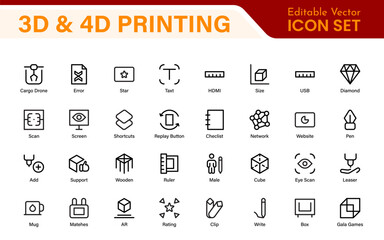 3D and 4D Printing Icons – Outline, Vector, and Line Art Illustrations for Printing Tech, Prototyping, Design, Engineering, and Innovation Projects