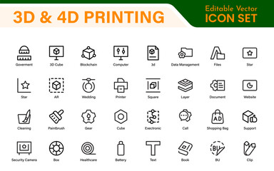 3D and 4D Printing Icons – Outline, Vector, and Line Art Illustrations for Printing Tech, Prototyping, Design, Engineering, and Innovation Projects
