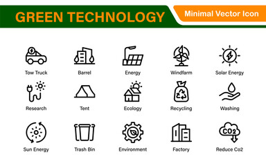 Modern Green Technology Sustainability Icons – Outline, Line Art, and Vector Illustrations for Clean Energy, Recycling, Nature Conservation, and Digital UI