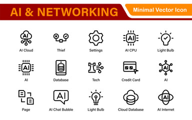 Artificial intelligence and Networking technology icon set. AI and networking editable line icon illustration.