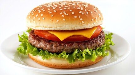 Juicy beef patty, melted cheese, lettuce, tomato, and sesame seed bun on a plate