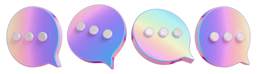 Speech bubble signs set. Iridescent metal dialog clouds with dots. 3D rendering.