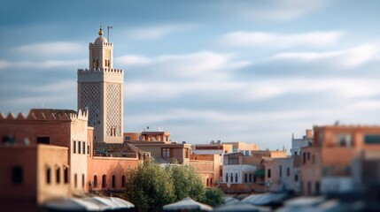 Discover the vintage charm of Marrakech, a famous tourist city captured with a timeless film aesthetic, showcasing the minaret against a beautiful sky in Morocco.