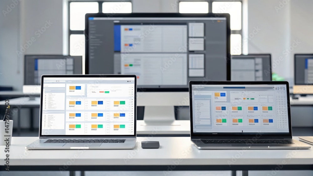 Aufkleber modern office workspace with laptops and monitors displaying project management software on clean de