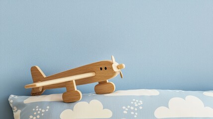 A single wooden toy airplane placed beside a cloud-patterned pillow.