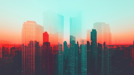 Fototapeta premium Urban Cityscape with Colorful Digital Effects and Modern Architecture at Sunset