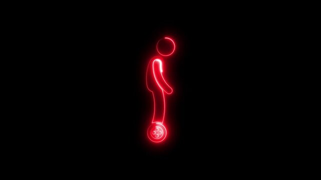 Illuminated neon figure riding a hoverboard against a black background