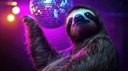 A sloth slowly swaying to music, performing a relaxed dance under the glow of a disco ball.