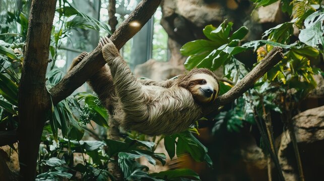 A sloth slowly and gracefully performing a cha-cha on a branch, surrounded by lush greenery.
