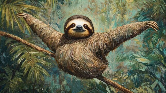 A sloth slowly and gracefully performing a cha-cha on a branch, surrounded by lush greenery.