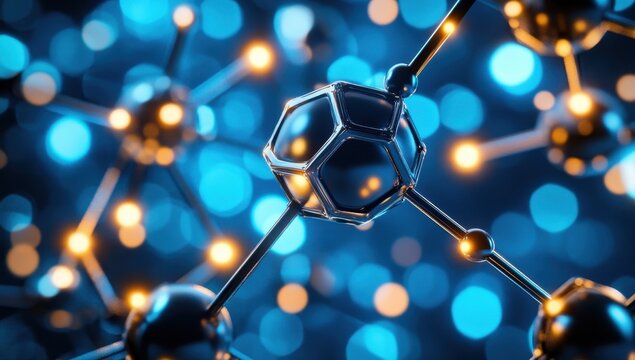 Complex molecular structure with glowing connections,  in a blue-toned backdrop.  Detailed 3D model of atoms and bonds