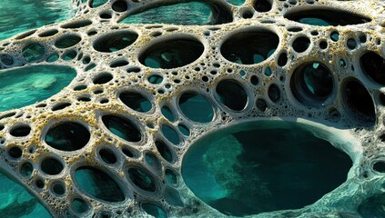 Abstract, intricate, organic structure resembling a submerged, porous, coral-like formation.  