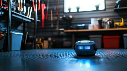 A small AI robot helping to clean the garage, organizing tools and sweeping the floor with a neat precision.