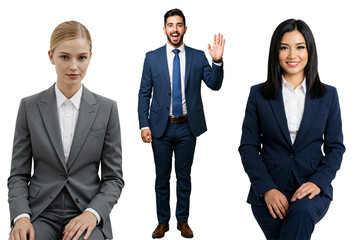 Three diverse young adult business professionals, including two women and one man in suits, posing against a transparent background, with the man waving.