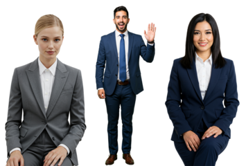 Three diverse young adult business professionals, including two women and one man in suits, posing against a transparent background, with the man waving.