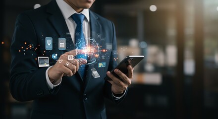 Man in Suit Using Phone for Online Shopping
