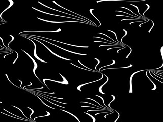 Vector black background with curly white lines. Black background with white ornaments with abstract circular lines.