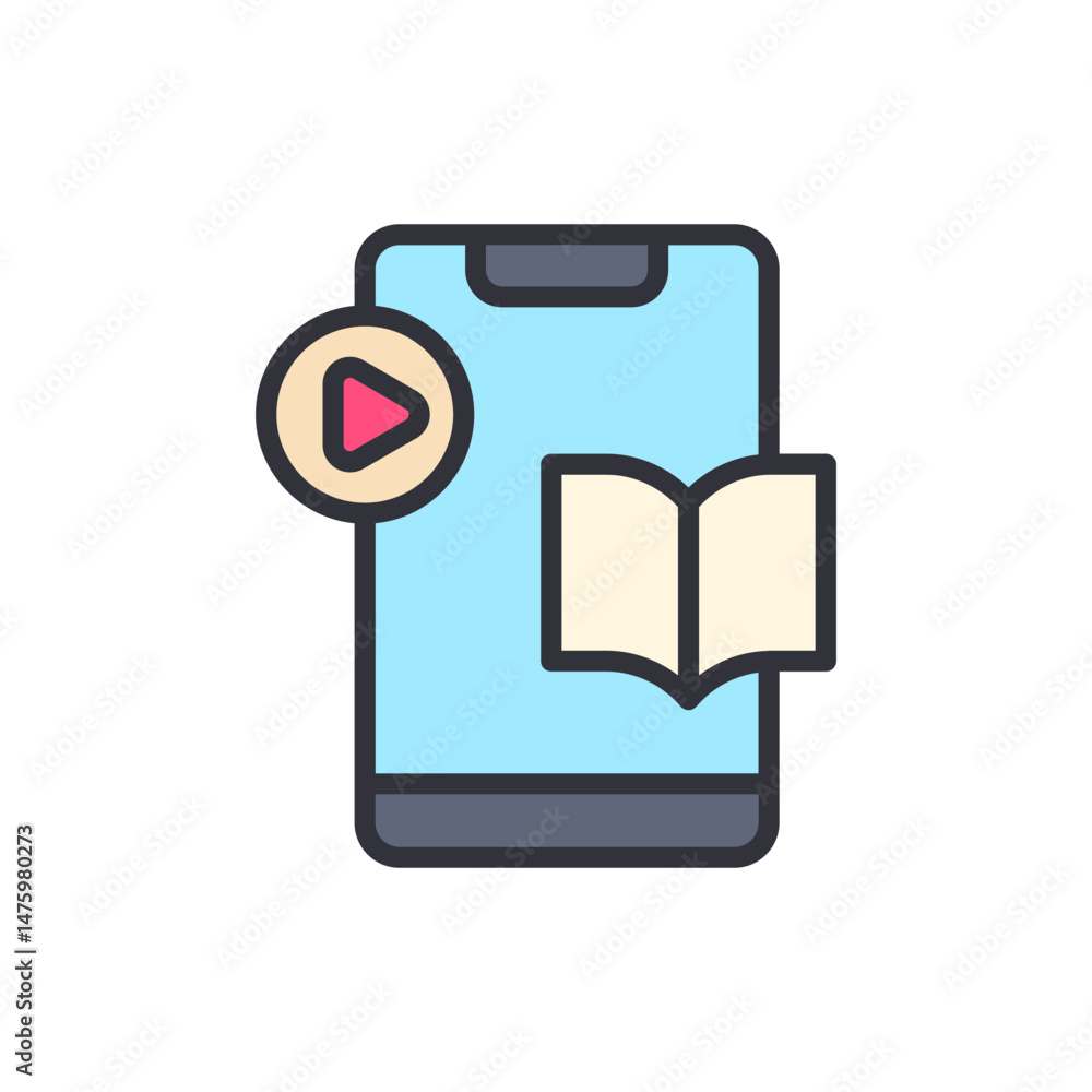 Poster modern mobile learning with video and text on digital device