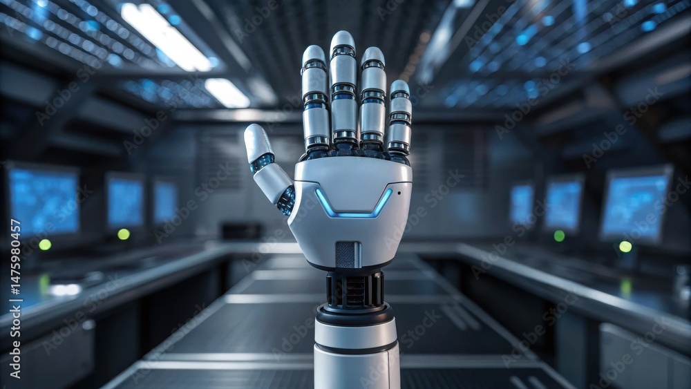 Poster a futuristic robotic hand is raised in a high-tech laboratory filled with computer screens and metal