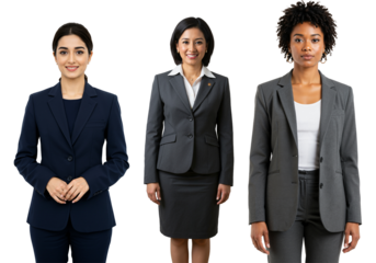 Three diverse adult women in professional business suits standing confidently against a black studio background