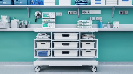 Modern hospital supply cart in medical facility with organized storage and clinical tools on teal background