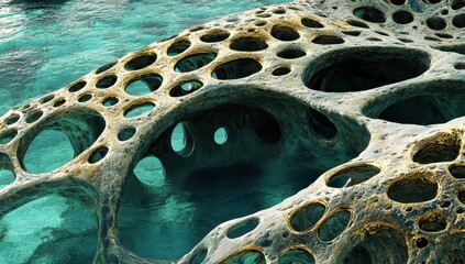Abstract, sculpted rock formation,  porous and cavernous, submerged in turquoise water.  Detailed,  organic shapes,  holed surface