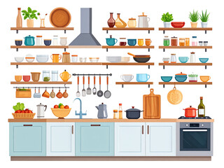 Modern kitchen organization, a illustration of pots and pans neatly arranged on shelves