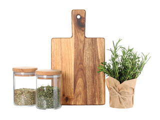 Rustic charm, fresh herbs preserved in glass jar on wooden cutting board