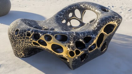 Abstract, organic, sculptural chair with dark, textured surface and golden, porous interior.  Evokes a sense of otherworldly or futuristic design