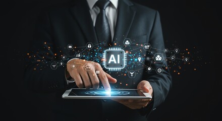 Ai Concept with Man Touching Tablet and Network of Technology Icons